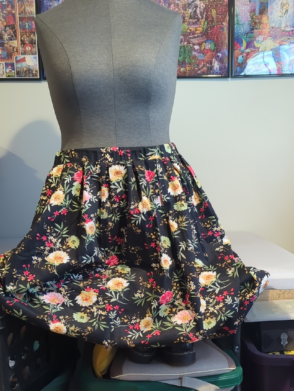 Floral Black Circle Skirt with Pink & Cream Blooms